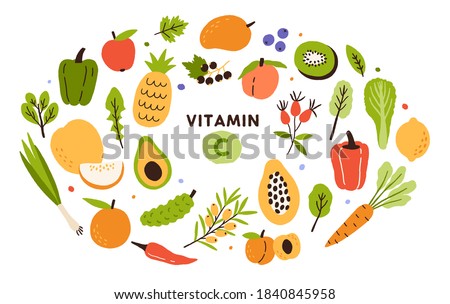 Collection of vitamin C sources. Fruits and vegetables enriched with ascorbic acid. Dietetic food, organic nutrition composition. Flat vector cartoon illustration isolated on white background
