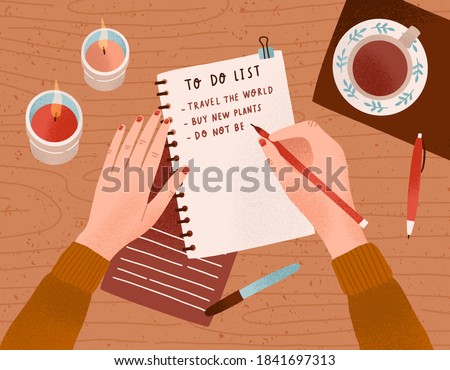 Desk with candles, a cup of coffee on it and woman's hands writing plan in notebook. Person filling to do list with goals and aims. Colorful vector flat cartoon top view illustration