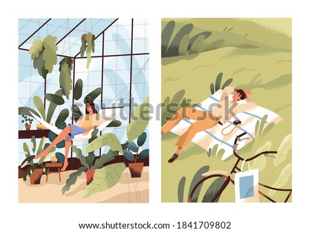Alone with nature, solitude concept. Happy relaxed woman in greenhouse with plants. Single man relaxing or sleeping in the grass. Leisure time, resting indoors vs outdoors. Flat vector illustration