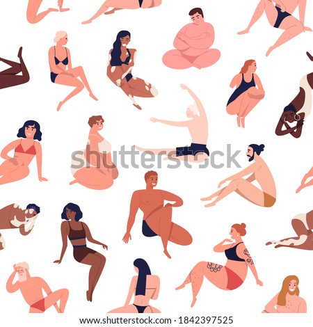 Body diversity seamless pattern. Repeatable background with male and female characters of different shape, size, skin color. Body positive people in underwear. Flat cartoon vector illustration.