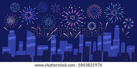 City holiday celebration panorama with bright festive firework show. Night sky of megapolis with sparkling bursting and exploding firecrackers. Flat vector cartoon colorful illustration.