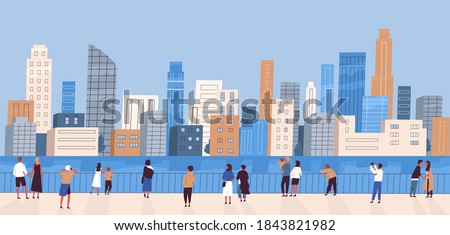Crowd of people with children at waterfront looking at modern city panorama. Women and men admiring cityscape. Megapolis panoramic view. Flat vector cartoon colorful illustration