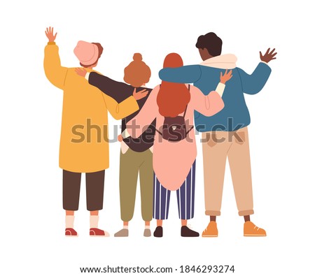 Group of young people hugging and waving hands. Students or team standing together. Friends support and unity concept. Flat vector cartoon isolated illustration on white background