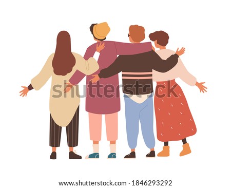 Group of men and women hugging and waving hands. Concept of friendship and team support. Friends or colleagues standing together. Flat vector cartoon isolated illustration on white