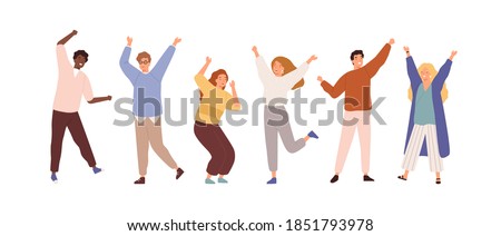 Set of people celebrating win or goal achievement. Happy team or group of friends with hands up isolated on white background. Concept of victory and success. Vector illustration in flat cartoon style