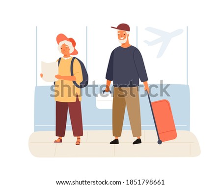 Cute elderly couple of tourists in the airport. Old man holding suitcase and woman reading map. Family going on vacation together. Flat vector cartoon illustration isolated on white background