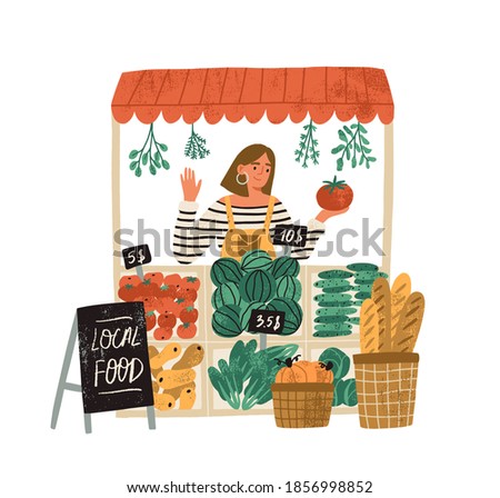 Female farmer selling fresh fruits and vegetables at stall at local food market place. Farm organic production concept. Flat vector illustration isolated on white background