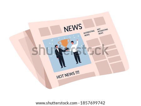Weekly or daily newspaper with articles. News sheet with picture and text. Folded tabloid isolated on white background. Periodical press edition. Flat vector cartoon illustration