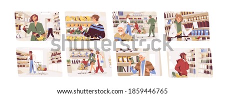 Set of people choosing food in grocery shop. Men and women buying products in supermarket. Characters standing near store shelves with shopping carts and baskets. Flat vector illustration on white