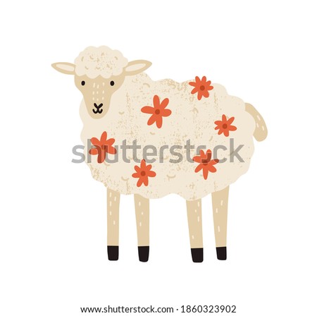 Adorable beige baby lamb decorated with flowers. Cute fluffy sheep isolated on white background. Woolly farm domestic animal. Hand drawn flat textured vector illustration