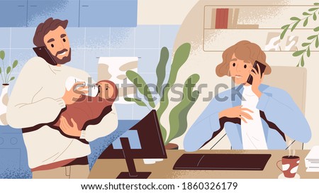 Concept of paternity leave instead of maternity one. Young man on call with wife working at office. Happy dad holding and feeding newborn baby or infant at home. Flat textured vector illustration