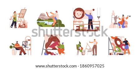 Artists or creative people at working process. Plein air, creating murals, computer graphics, collage, sculptures, abstract painting and still life drawing. Fine art hobbies. Flat vector illustration