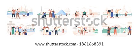 Set of traveling people visiting famous city landmarks and attractions. Collection of tourists going sightseeing, taking photos selfies at popular places. Flat vector illustration isolated on white