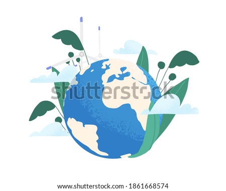 Save the planet ecology concept. Earth care and environmental protection. Eco-friendly planting and using renewable energy. Colorful flat textured vector illustration isolated on white background