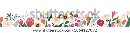 Horizontal white banner or floral backdrop decorated with gorgeous multicolored blooming flowers and leaves border. Spring botanical flat vector illustration on white background