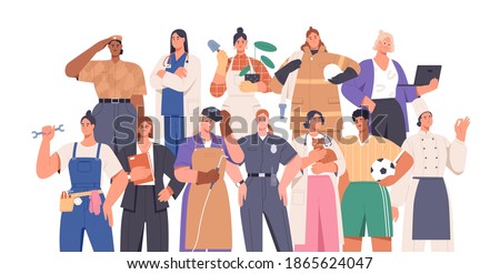 Crowd of smart and strong women of different professions: female soldier, firefighter, police officer, businesswoman. Career equality concept. Flat vector illustration isolated on white