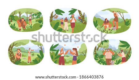 Set of different people exploring nature vector flat illustration. Collection of man and woman explorers contemplate to animals, plants isolated on white. Researchers use binocular and magnifier
