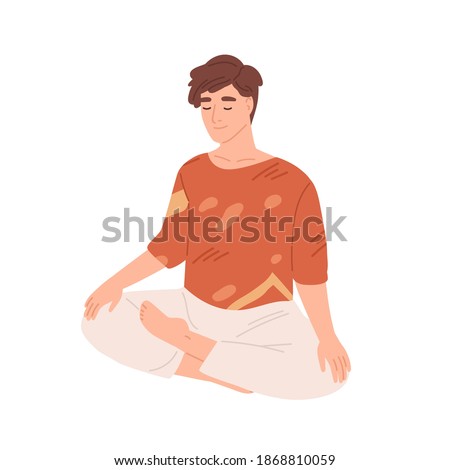 Man with closed eyes meditating with his legs crossed. Young guy practicing meditation, breathing exercises and relaxing in yoga lotus pose. Flat vector illustration isolated on white background