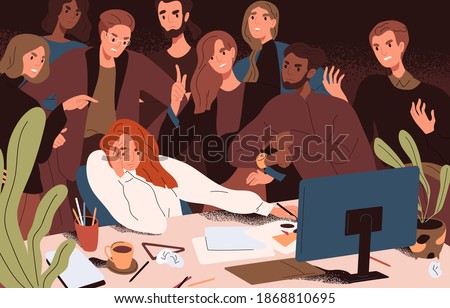 Stressed woman failed to meet deadline. Angry colleagues standing over creative worker pressuring and criticizing, complicating work with restrictions and conflicting tasks. Flat vector illustration