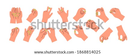 Set of hands holding, throwing, catching or giving golden coins. Collection of cartoon money, cent in fingers and palms. Colorful flat vector illustration with arms isolated on white background