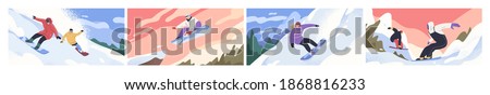 Set of scenes of snowboarders riding boards at snowy mountainsides or slopes. People in winter outfit sliding and jumping with snowboards. Outdoor sports activity. Colorful flat vector illustration