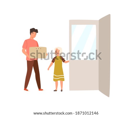 Polite child holding door for adult man carrying box. Courteous kid helping adult. Girl showing good manners, decency and comity. Flat vector cartoon illustration isolated on white background