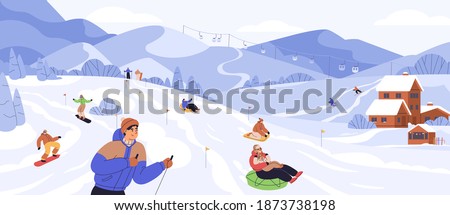 People snowboarding and riding tubing at ski resort. Skiers and snowboarders rolling from snowy mountain slope. Outdoor winter sports activities. Colored flat vector illustration