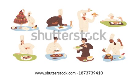 Set of chef cooking food and adding finishing touch to dishes. Collection of cooks decorating salads, meat, soup, sushi and cake. Colorful flat vector illustration isolated on white background