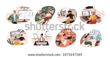 Set of creative workers working at computers and laptops. UI and motion designer, art director, game developer, illustrator, video editor. Color flat vector illustration isolated on white background