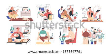 Online education and e-learning concept. Set of people learning online courses and studying makeup, playing guitar, style, UX and UI. Colored flat vector illustration isolated on white background
