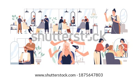 Set of hairdressers and barbers working with clients in hairdressing salon. Hairstylists doing haircuts and hairstyles for men and women. Colored flat vector illustration isolated on white background
