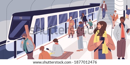 Subway train arriving at metro platform. Passengers standing and sitting in modern metro station. Male and female characters using urban public transport. Daily city life. Flat vector illustration