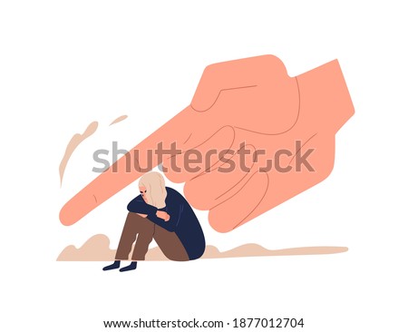 Depressed female teenager sitting under huge hand vector flat illustration. Despair tiny girl victim of control, prohibition, punish and force isolated. Concept of pressure of parents and society