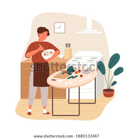 Smiling guy in apron cooking vegetable salad at home kitchen vector flat illustration. Happy man preparing healthy vegetarian meal for lunch, mixing ingredients in bowl isolated on white background