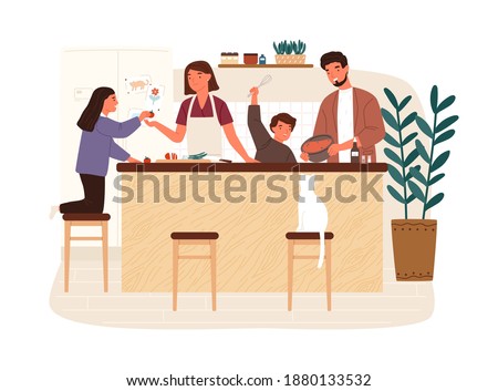 Happy family cooking dinner together in modern kitchen vector flat illustration. Parents and kids preparing lunch isolated on white. Mother, father, daughter and son spending time at home