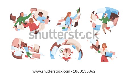 People interacting to workflow operations at cyber space vector flat illustration. Man and woman in workforce process optimization. Concept of management, productivity, multitasking and flow control