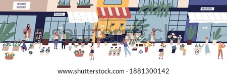 Local street flower market vector flat illustration. Happy man and woman buying or selling floristic bouquets, potted plants and houseplants. Outdoor floral fair with shops, stores, stalls and kiosks