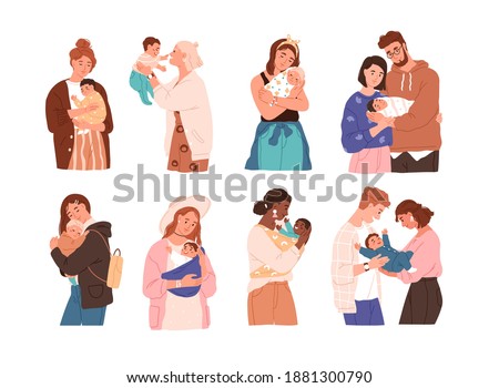 Set of cute women and families with newborn baby. Collection of different children with happy parents feeling love isolated vector flat illustration. Mother, father and kids embracing each other