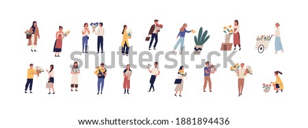 Collection of different people walking on the street with flowers and potted plants vector flat illustration. Set of man and woman holding romantic bouquet, florists caring of plants outdoors
