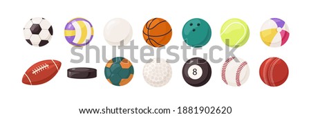 Collection of round and oval balls for different sports and recreational activities vector flat illustration. Set of various equipment for sport games isolated on white background