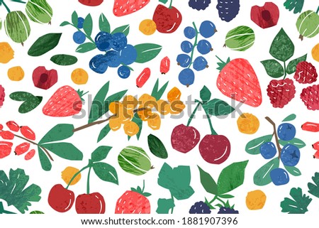 Hand drawn berry branches seamless pattern. Colorful background with fresh ripe berries. Natural juicy edible plants wallpaper template. Vector textured illustration in flat style