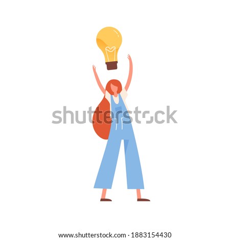 Woman with giant lightbulb over head vector flat illustration. Modern female with creative imagination brainstorming or generating new idea isolated. Concept of innovation, solution and creativity