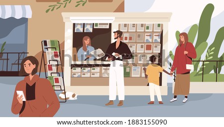 People buying newspapers and magazines at newsstand. Man standing at kiosk with press. Woman reading news on smartphone. Colored flat vector illustration