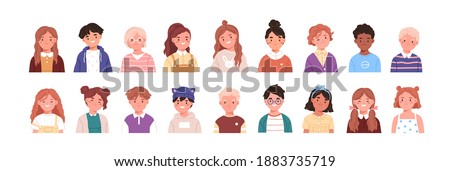 Set of children avatars. Bundle of smiling faces of boys and girls with different hairstyles, skin colors and ethnicities. Colorful flat vector illustration isolated on white background