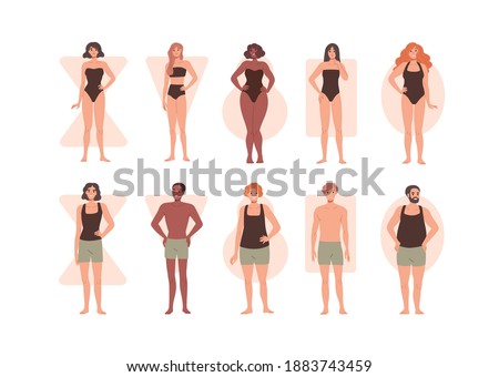 Collection of people with different body shapes vector flat illustration. Set of man and woman with various figure type - hourglass, inverted triangle, pear, rectangle and oval isolated on white