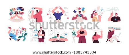 Set of people with different mental mindset types or models: creative, imaginative, logical and structural thinking. Mind behavior concept. Color flat vector illustration isolated on white background