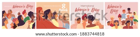 Set of card templates for International Women's Day with diverse multiethnic girls. Collection of modern card designs with 8 March inscription and place for text. Colorful flat vector illustration