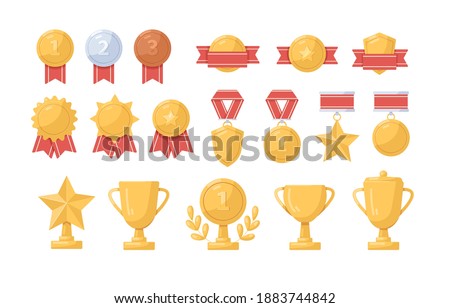 Collection of golden, silver and bronze medals, cups and badges vector flat illustration. Set of trophy or awards for winners isolated. Metal symbols of success, championship and triumph