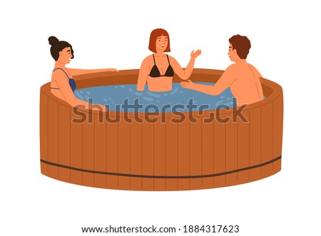 Smiling friends talking and bathing at wooden pool or hot tub together vector flat illustration. Group of people in swimwear relaxing at public spring bath isolated on white. Spa wellness procedure