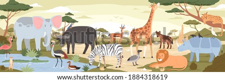 Natural landscape with savannah animals, reptiles and birds. Panoramic colorfuscenery with wild habitant. Exotic savanna inhabitants in african national park. Flat vector illustration in cartoon style